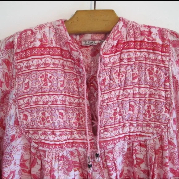 70s Vintage Indian Gauze Pink and Lavender and Gold Lurex Dress - Picture 2 of 5